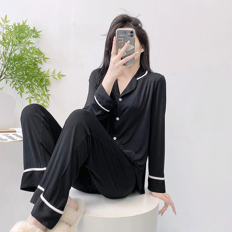 

Проста піжама з брюками з довгими рукавами Комплект із двох частин Вільна повсякденна піжама Модальний домашній одяг Жіноча однотонна піжама XL