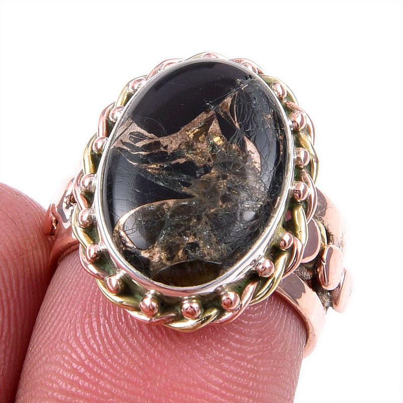 

Natural Black Copper Turquoise Gemstone 925 Solid Silver TwoTone Ring 6.5US P4a68