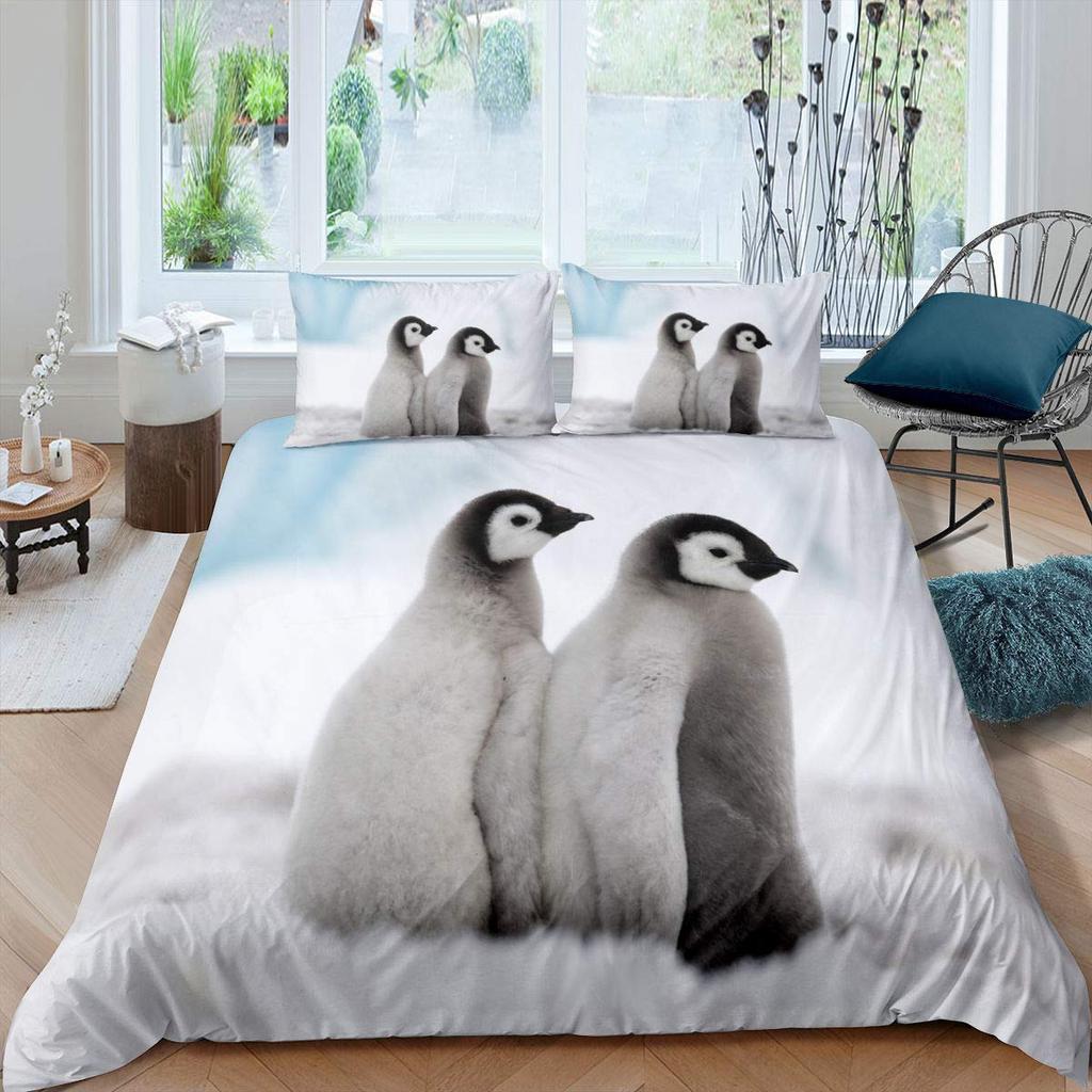 Penguin Duvet Cover Set Antarctic Animals Bedding Set For Kids Boys Girls Cartoon Style King Size Winter Theme Comforter Cover