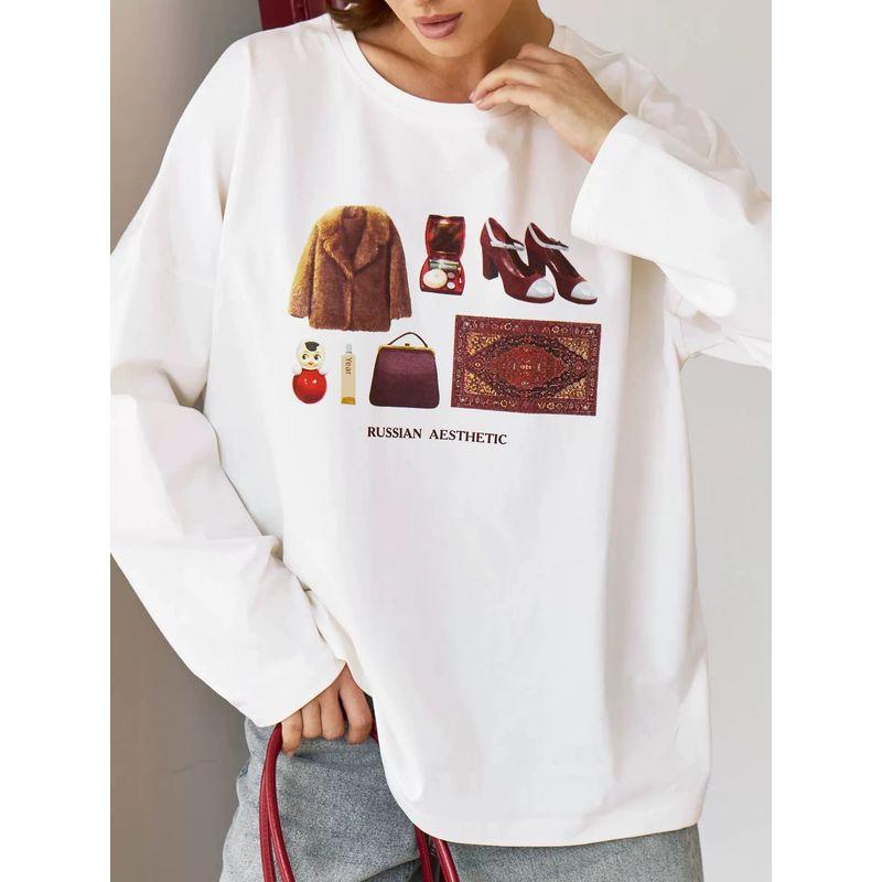 New Fashion T-shirt European and American New Fashion Casual Loose round Neck Print Long sleeve Cotton T-shirt Top