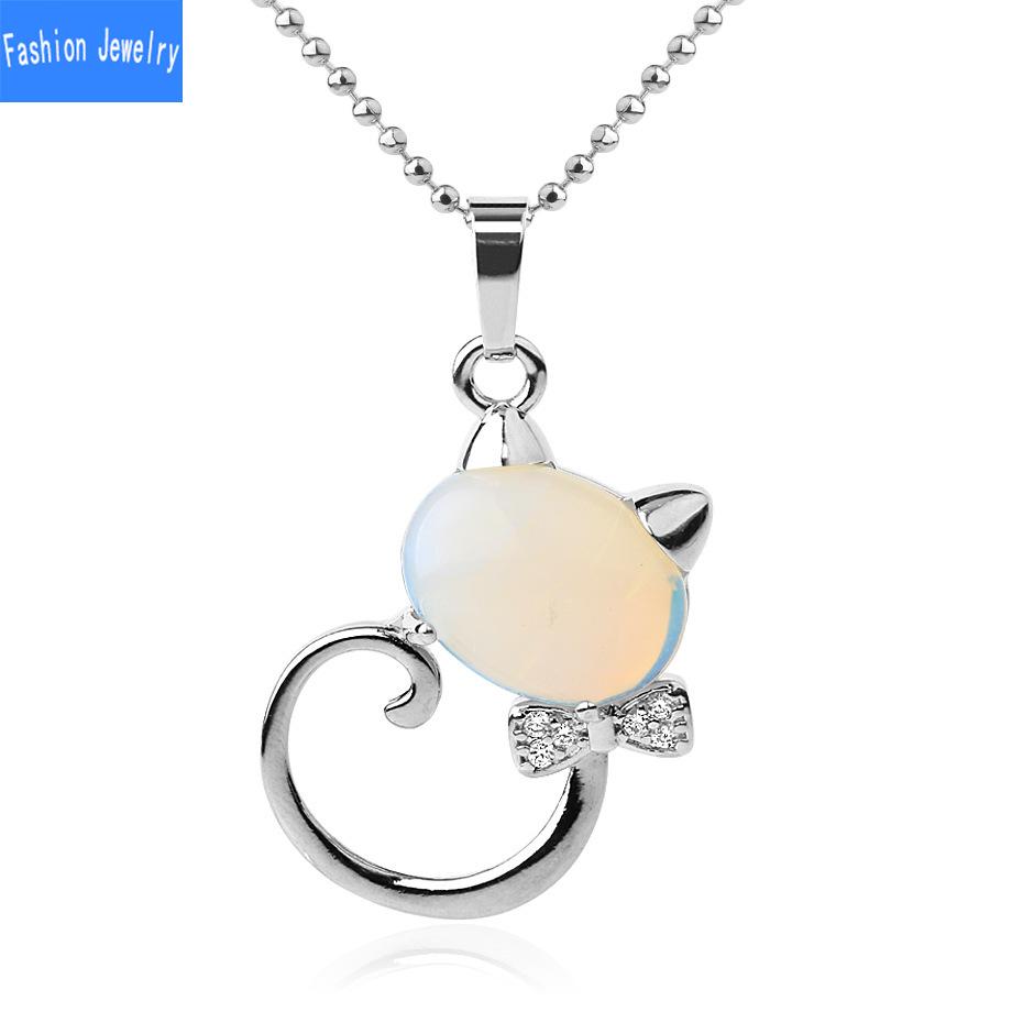 Natural Stone Cute Cat Pendant Multicolor Semi Gem Personalized Necklace