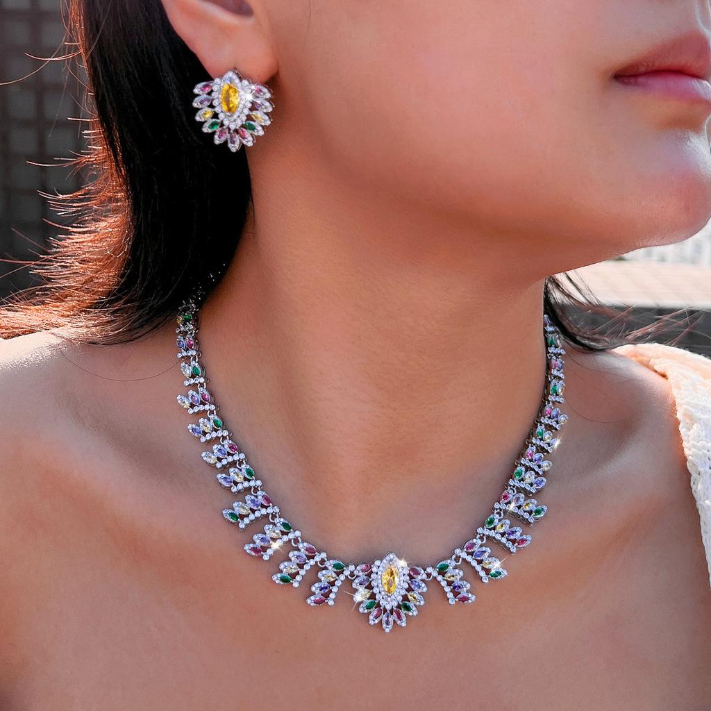 Bridal Dress Jewelry Set Zircon Inlaid Multicolor Necklace Earrings Luxury Full Diamond Set Chain