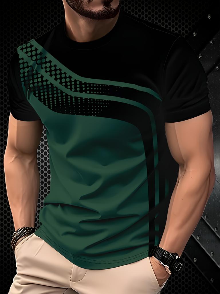 T-shirt Traspirante da Uomo a Maniche Corte in Poliestere - T-shirt alla Moda con Stampa Digitale a Righe Nere e Grigie - Traspirante
