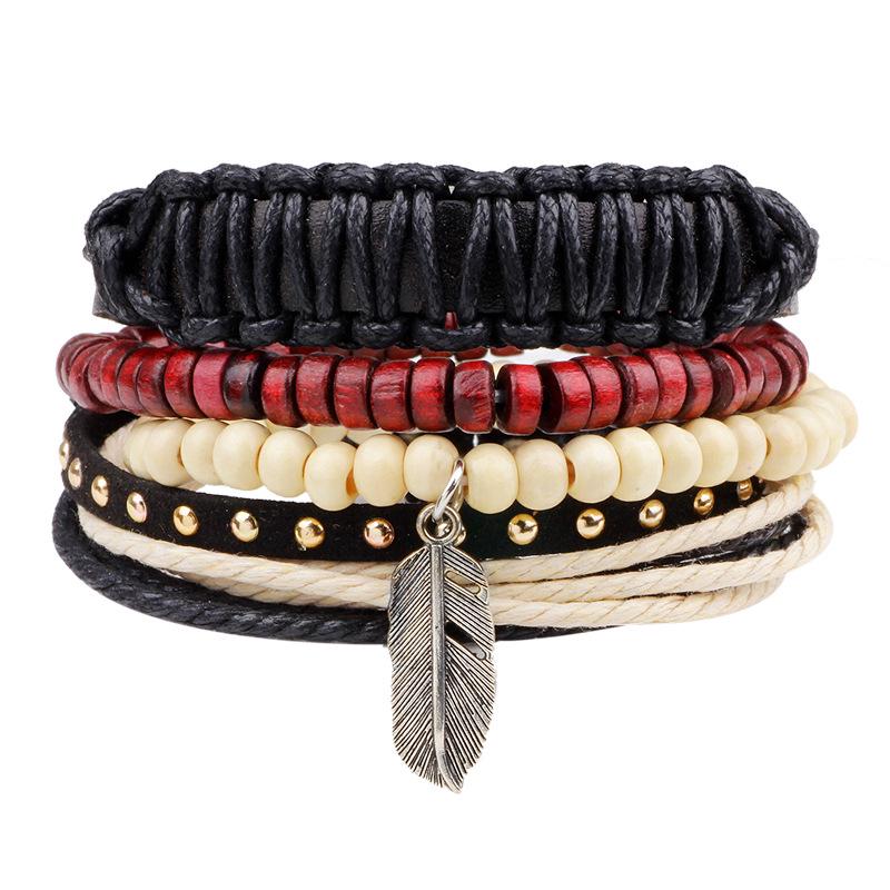 

Handmade Genuine Cowhide Bracelet Set with Feather, Wooden Beads & Waxed Cord for Men