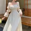 Women's Square Neck Long Sleeve Flare Sleeve Midi Dress High Waist Elegant Fairy A-Line Dress