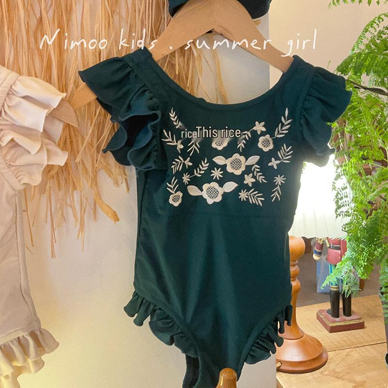 

2024 Милый детский кружевной слитный купальник с короткими рукавами для девочки 140 cm темно-зеленого