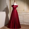 New Satin Toast Dress Engagement Shoulder Burgundy Vocal Art Test Host Temperament Banquet Evening Dress Women