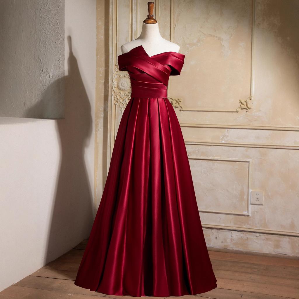 New Satin Toast Dress Engagement Shoulder Burgundy Vocal Art Test Host Temperament Banquet Evening Dress Women