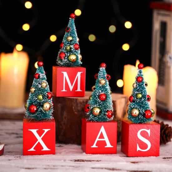 

4 шт. миниатюрное настольное украшение для рождественской елки с буквами, пластиковые блоки XMAS, имитация сосновой иглы и шарики, мини-сосна, зимний праздник