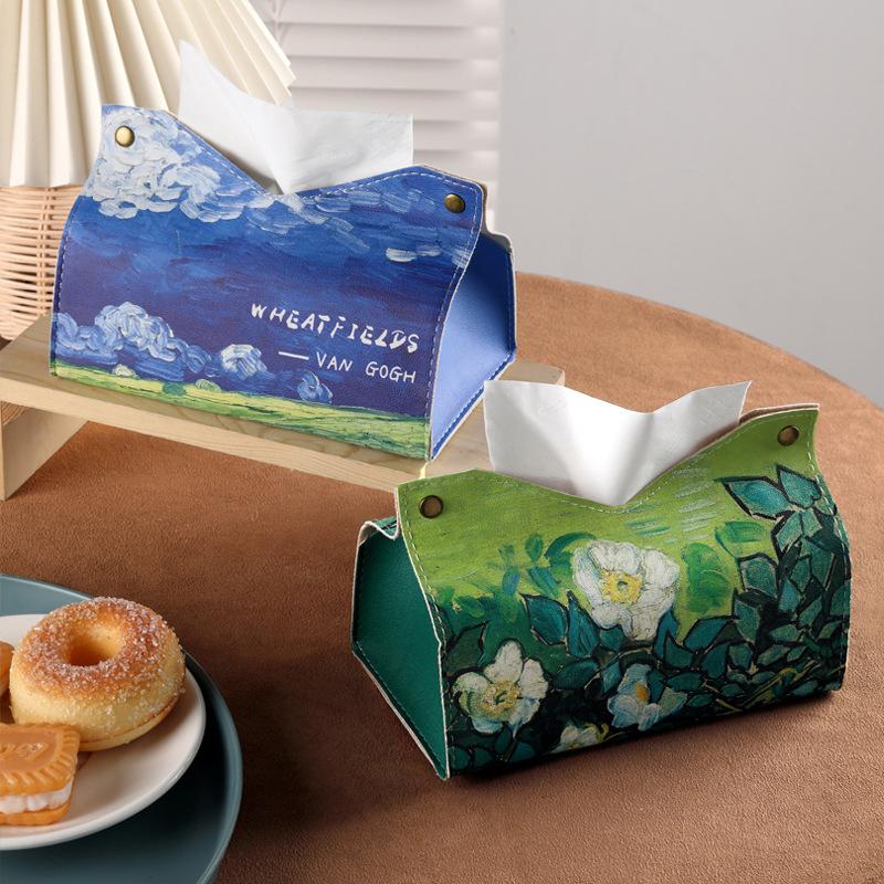 Kreativer Ölgemälde Serviettenhalter Taschentuchbox Zuhause Büro Umweltleder Schreibtisch Staubdicht Papier Aufbewahrungsbox