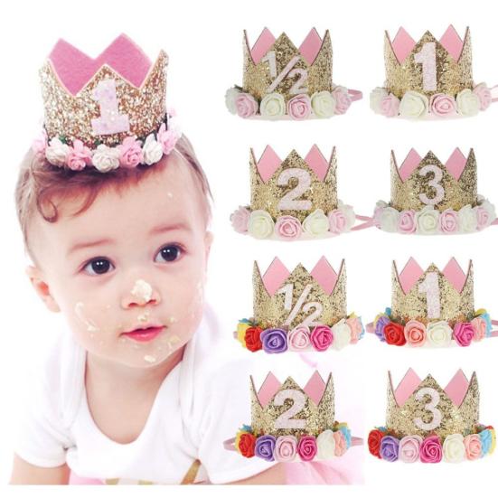 Baby Girl Crown Letter Shiny Sequins Flower Headwear Birthday Festival Headband