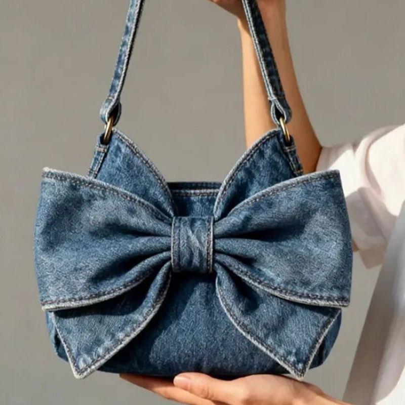 JIAERDI Retro Sweet Cute Bow Tote Bag Women Denim Blue Large Capacity Shoulder Bag Ladies Harajuku Versatile Commute Handbag New синий