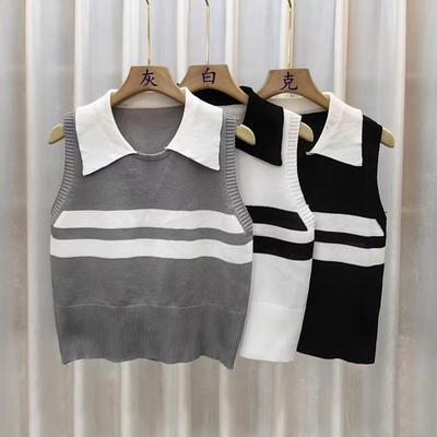 Summer New Korean Version of College Style Lapel Patchwork Color Vest Sleeveless Vest Wear Sweater Vest Women's Wear