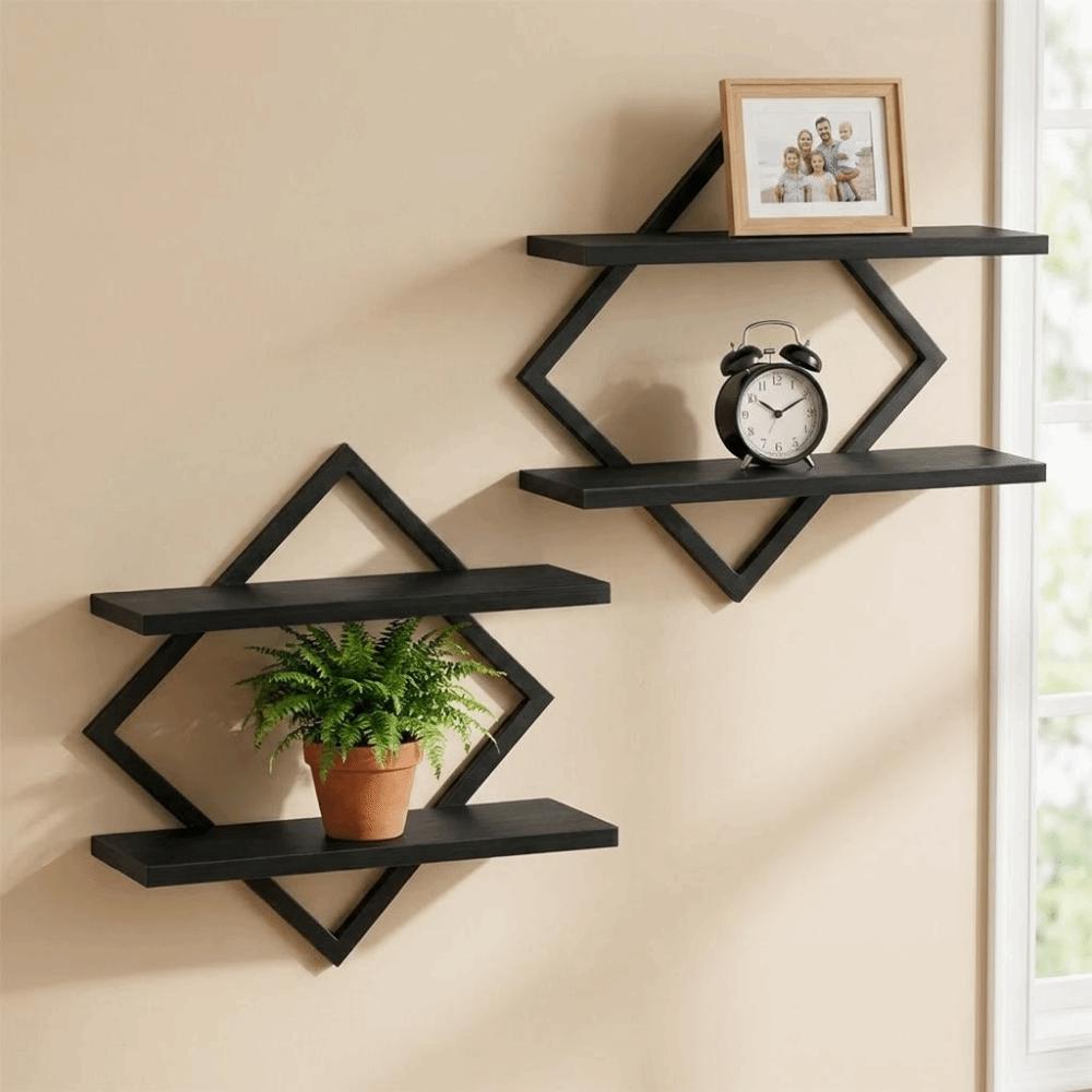 2PCS Durable 2-Tier Wood Floating Shelves Space Saving Wall Mounted Wall Shelves Decorative Planter Rack Office