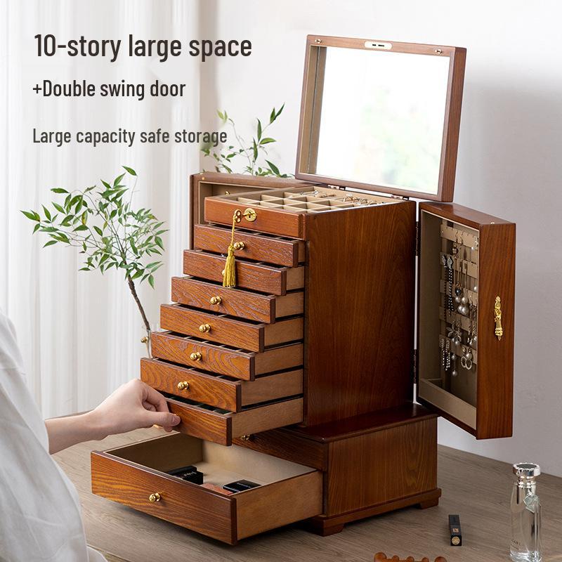 Caja de Joyería Grande de Madera Maciza Estilo Retro con Cerradura, Almacenamiento Multicapa para Collares, Pendientes y Anillos - Estilo Tendencia Nacional China