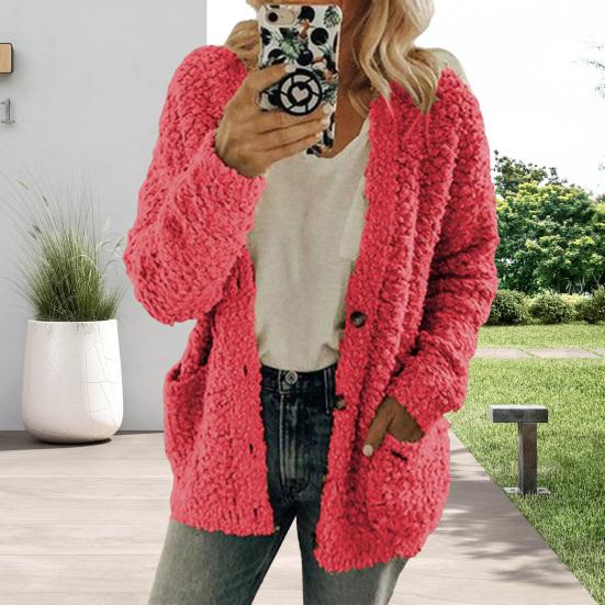 Women Sweater Coat Long Sleeve Collarless Knitting Jacket with Pockets Loose Fit Solid Color Tops Coat Autumn Winter Wear