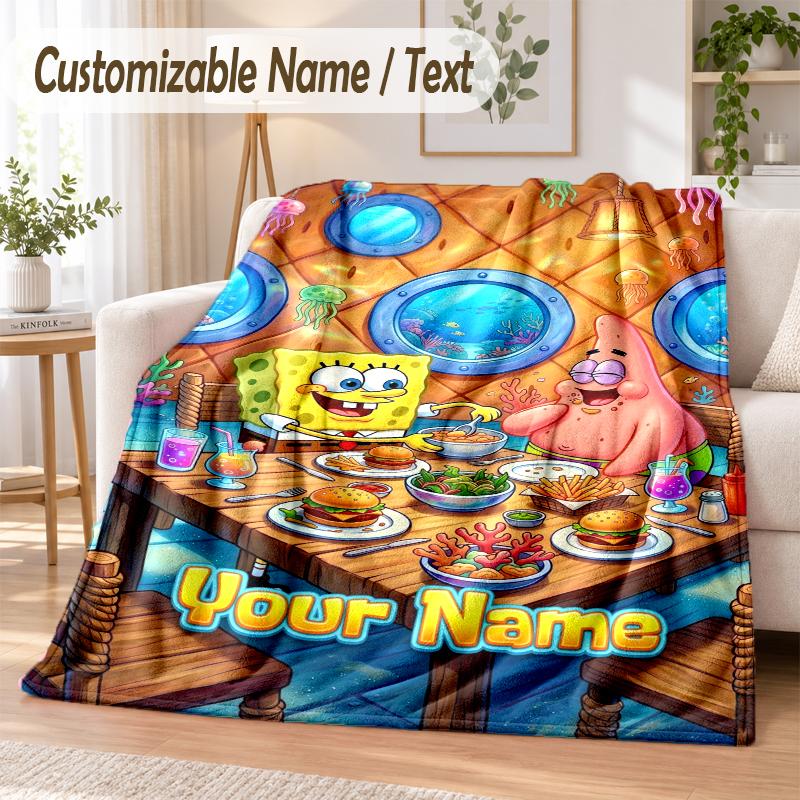 SpongeBob Custom Name Flannel Throw Blanket Soft Warm for Sofa Bed Indoor Home Use
