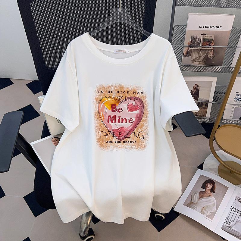 Plus Size Mid-Length Loose Fit Short Sleeve T-Shirt for Women, Slimming Design, Round Neck, Available in 200/300/350 Jin