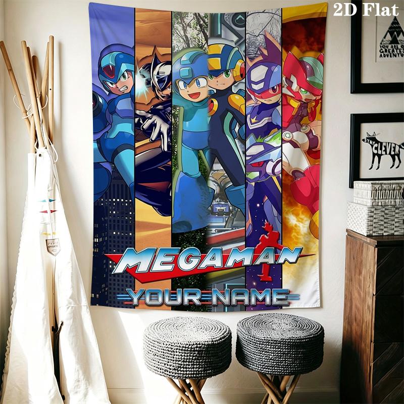 Name Custom Mega Man Anime Wall Tapestry Aesthetic Wall Hanging Printed Fabric Blanket Decorative Tapestries for Bedroom Living Room Home Decor