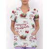 Womens V-Neck Short Sleeve Nursing Scrub Top With 3D Cartoon Print Comfortable Workwear Casual Medical Uniform