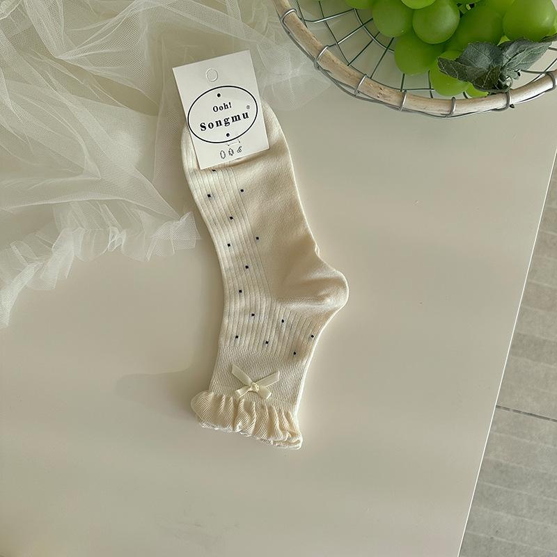 Songmu'S Bow Flower Bud Mouth Polka Dot Boneless Socks New Korean Mid-Tube Socks Women