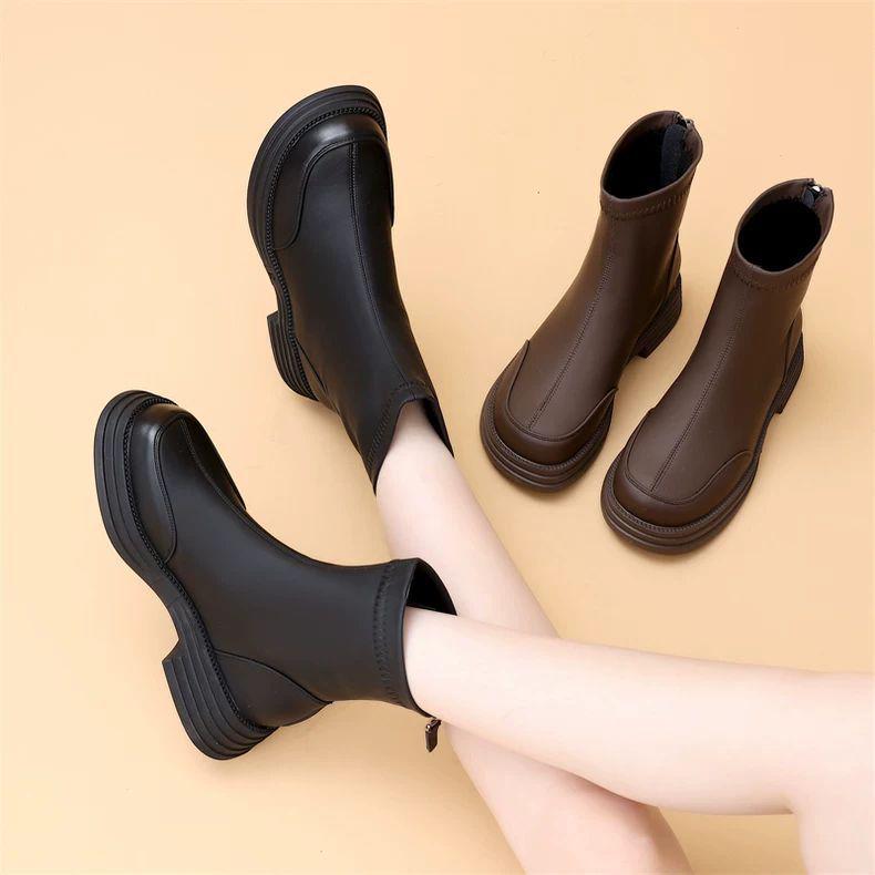 Women's Genuine Leather Chelsea Ankle Boots - New 2025 British Style, Winter Velvet Lining, Thick Sole, Slimming Design, Available in Plus Size 41