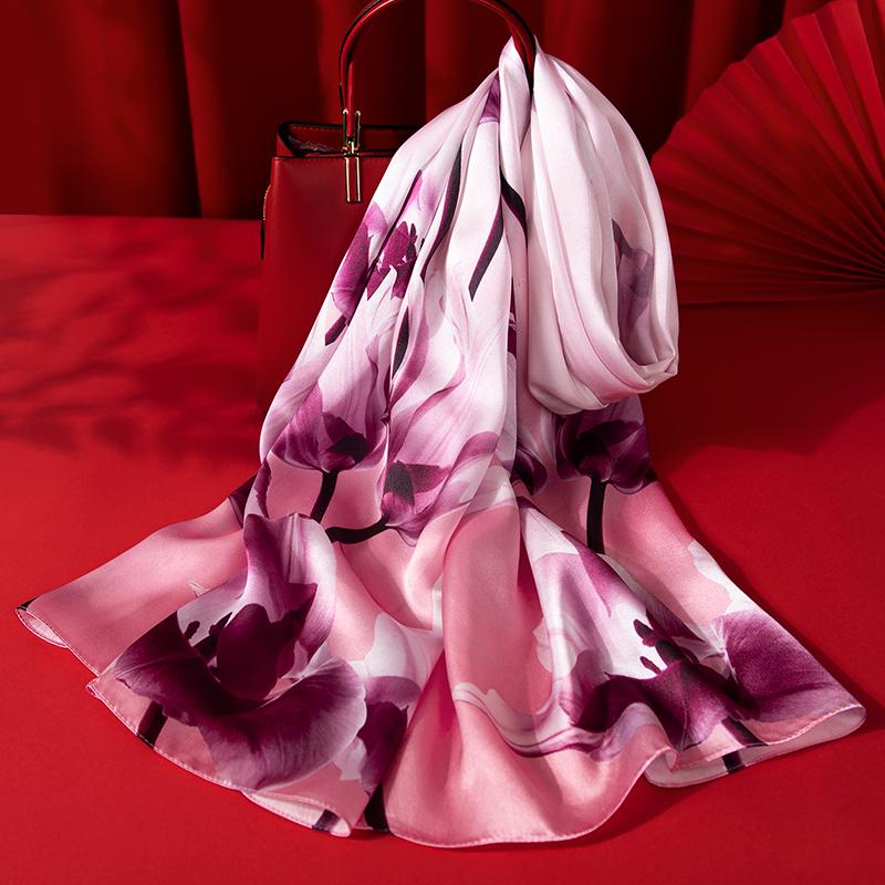 Women Silk Scarf Long Head Scarves Luxury 100% Silk Shawls Wraps Floral Summer Hair Scarf Print Neckscarf Pure Real Silk Scarves