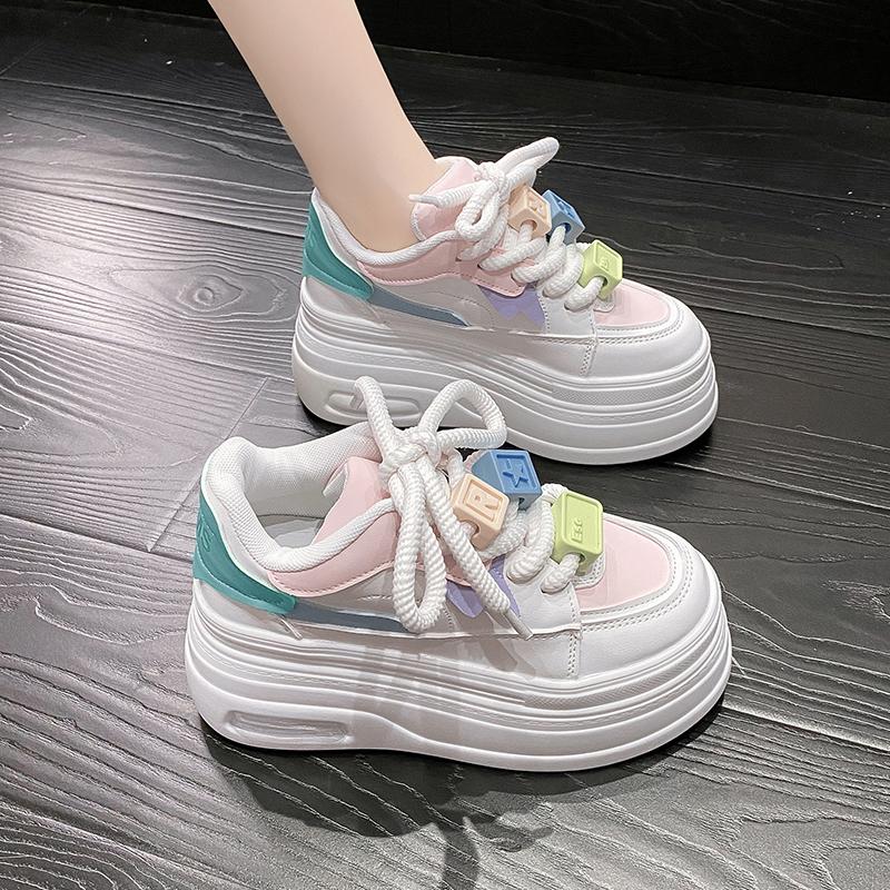 Fashion 8.5CM High Platform Shoes Women Autumn Chunky Sneakers Designer Kawaii Thick Sole Leather Sports Shoes Breathable Sneakers Woman