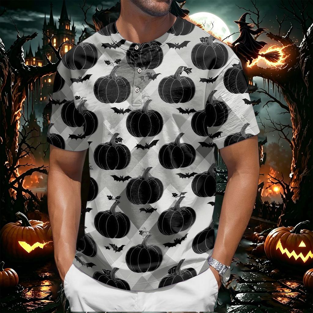 Men's Halloween Print Crew Neck Short Sleeve Top with Pumpkin and Web Pattern Casual Fit T Shirt for Daily Wear