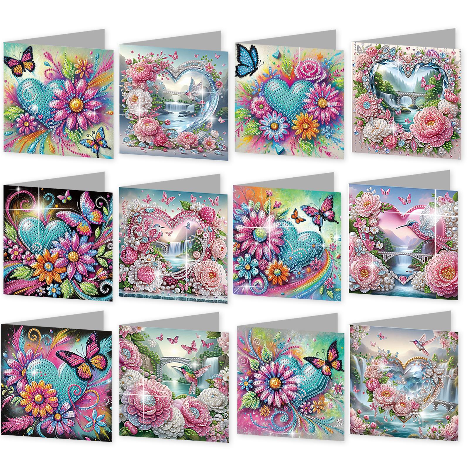 

12PCS DIY Diamond Painting Greeting Card Set Rhinestone Diamond Art Mosaic Postcards for Birthdays Thanksgiving