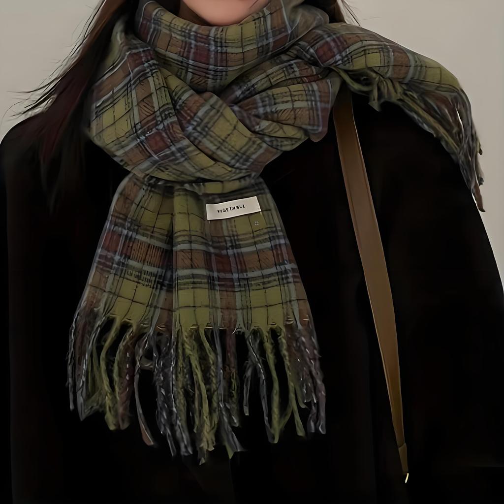 Cozy Winter Scarves for Women, Vintage Green Plaid Wrap with Elegant Tassel - Soft Thickened Fashion Shawl