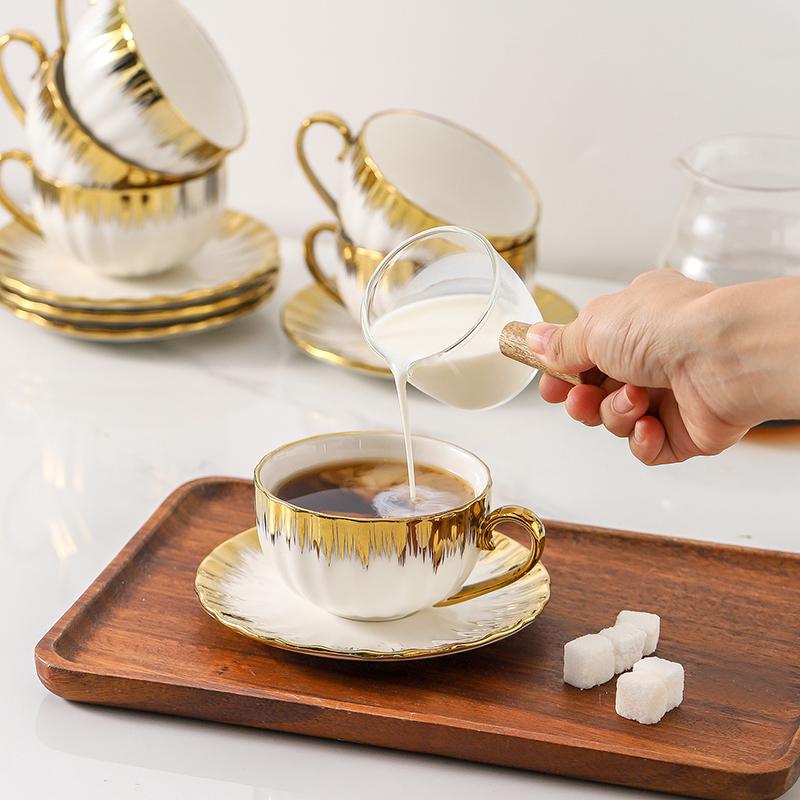 Golden Rim Bone china Coffee Cup Dish Set 250ml Light Luxury High End Handle Mugs Exquisite Afternoon Tea Ceramic Dessert Dish