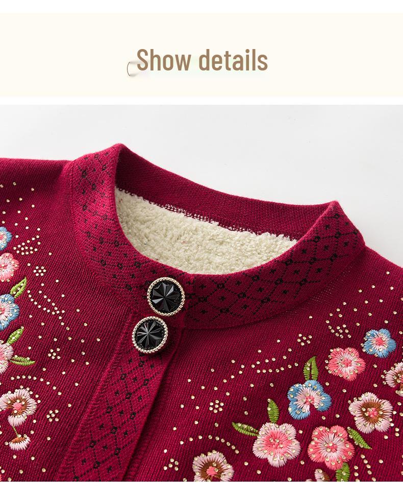 Embroidered Velvet Cardigan for Middle-aged & Elderly Women - Cozy Winter Sweater