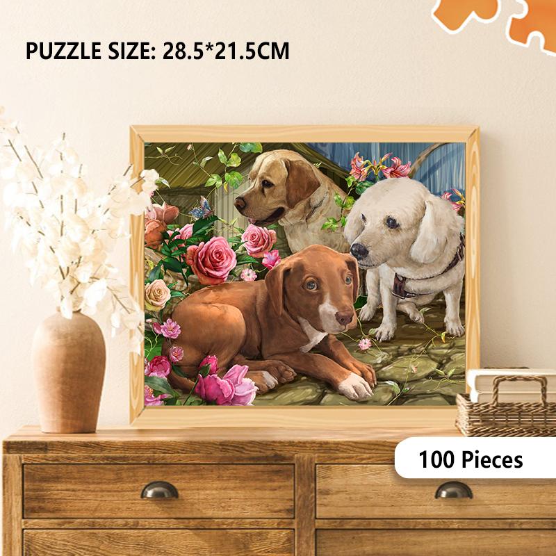 100 Pieces Jigsaw Puzzle Assembling Picture Cartoon Animals Three Dogs With Flower Decompression Puzzles Toy Educational Gifts