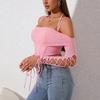 Mesh Suspender Top, European and American Sexy Off-the-shoulder Backless Pleated Splicing Hollow Long-sleeved Fishbone Top
