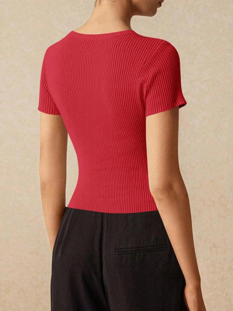 Damen Rippstrick Cropped Cardigan Kurzarm Knopfleiste Figurbetont Pullover Top