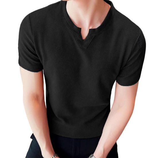 

Мужская футболка с V-образным вырезом и вафельным узором, однотонная повседневная футболка, летний свитер с короткими рукавами S чёрный