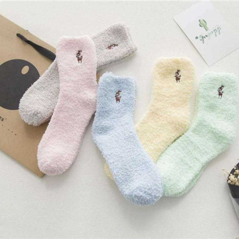 Winter Embroidery Deer Thickening Cotton Women Socks Plush Warm Funny Sleep Cute Sock