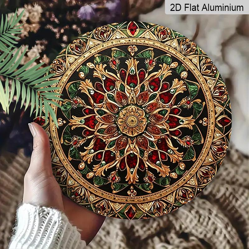 2D Flat 1pc, Vintage Gold Red Gem Mandala Floral Ornate Style, Circular Metal Wall Hanging Decor For Farmhouse Living Room Bohemian Porch Indoor