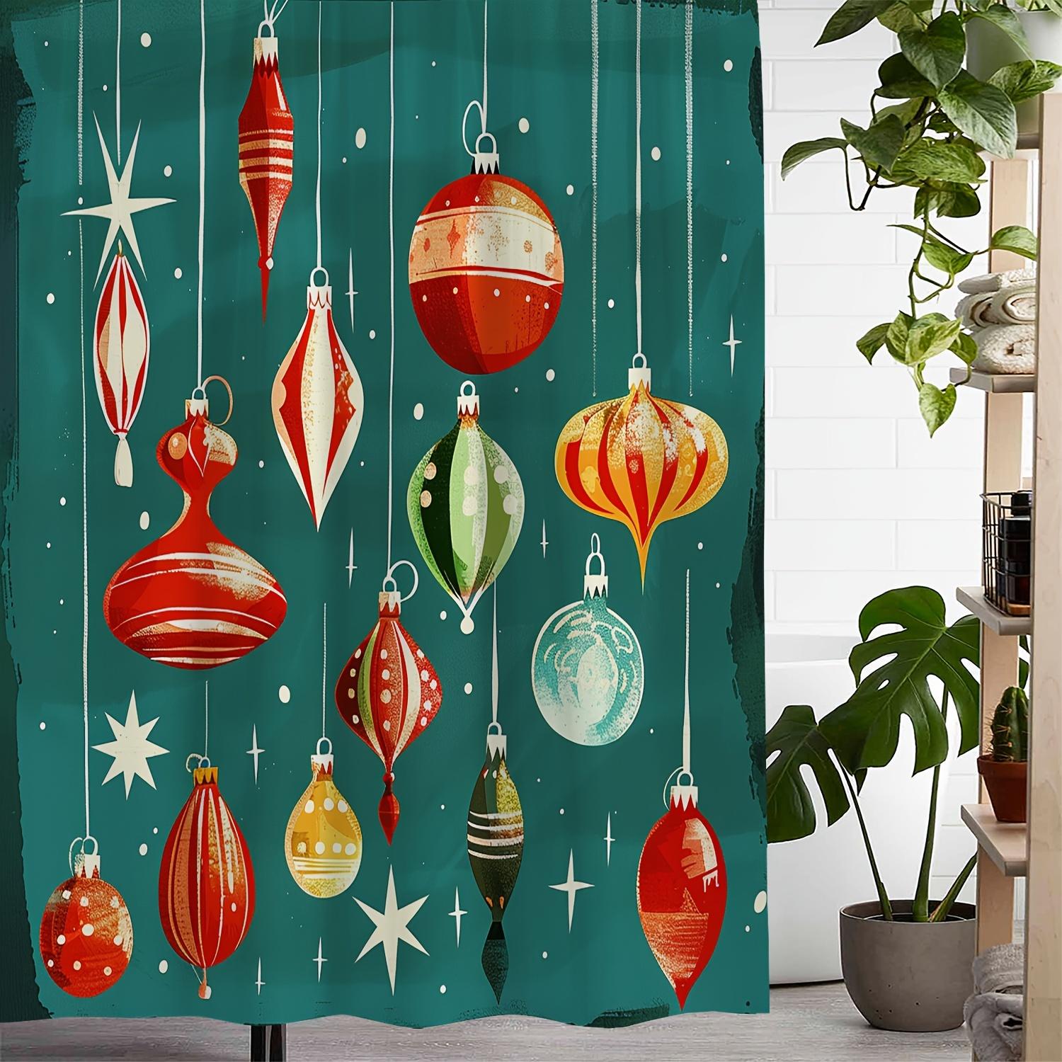 

Vintage Christmas Ornament Shower Curtain - Polyester, Waterproof, 12 Hooks, Festive Red & Green Design With Stars & Stripes, W60H190(CM)-1 Pcs