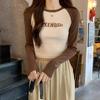 American style color-blocked raglan sleeves, right shoulder short T-shirt, women's autumn and winter new slim fit letter long-sleeved top