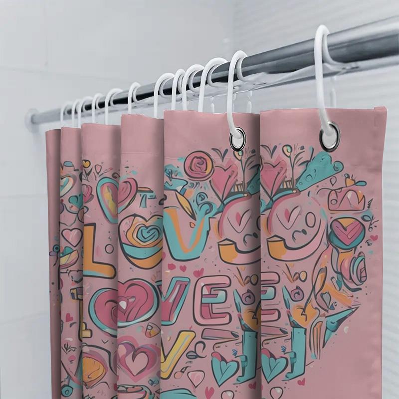 Colorful Love Print Shower Curtain For Bathroom Decoration