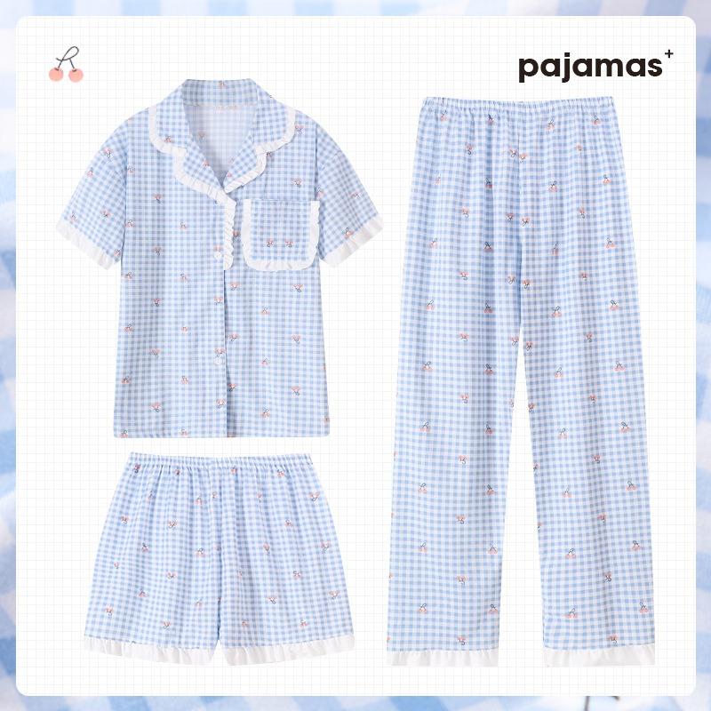 

Летний новый комплект из трех предметов: женская пижама с коротким рукавом, отделанная хлопковым кружевом, с принтом «маленькая свежая вишня», домашняя одежда 2XL [Recommended 130-72.5kg]