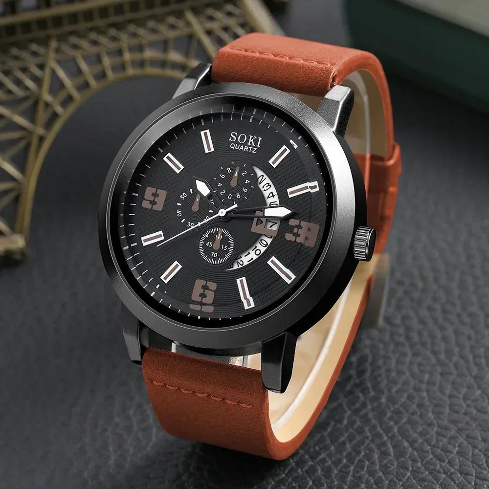 2025 Fashion Mens Sports Watches Man Business Quartz Wristwatch Luxury Brown Leather Bracelet Men Casual Clock Watch