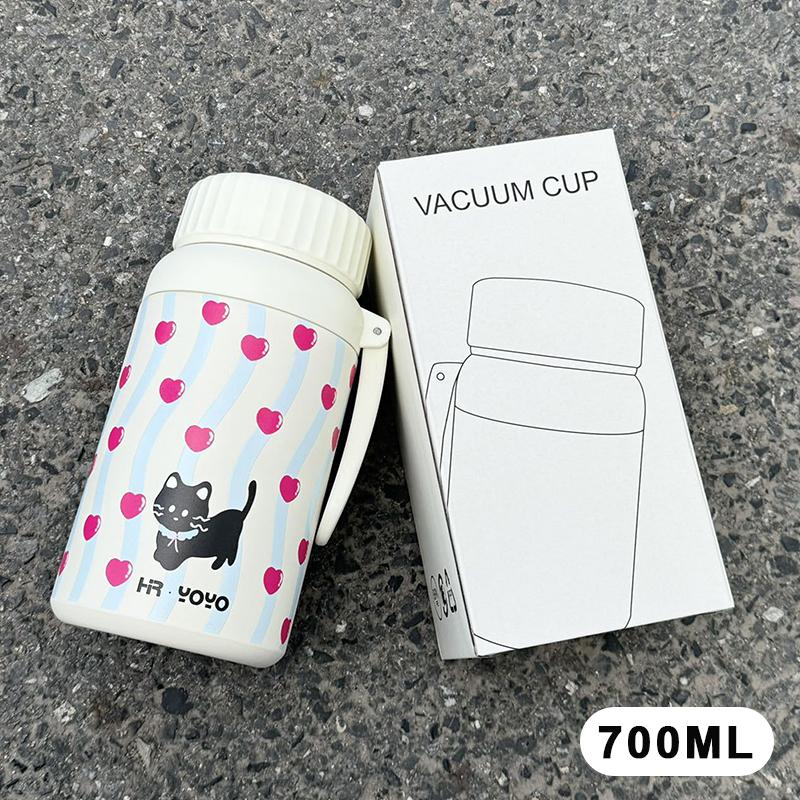 Süße Katze & Herz Aufdruck Isolierte Wasserflasche, 700/1000ml Edelstahl Thermosflasche mit Tragbarem Griff für Kinder und Erwachsene