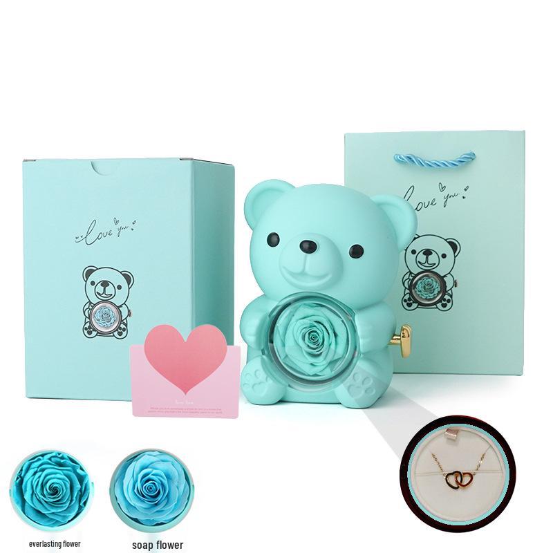 Set Regalo Fiore di Rosa Eterno & Collana con Scatola Portagioie Rotante in Acrilico e Orsacchiotto