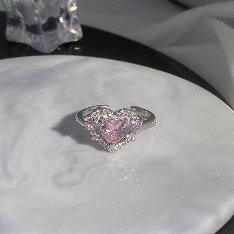 Sweet Pink Diamond Heart Adjustable Ring - Cool, Elegant, Inlaid Gems, High-End Design