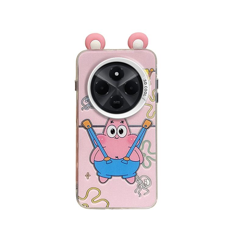 KEYSION Cute Ear Cartoon Case for Redmi 14C with Lanyard Soft Silicone+PC Shockproof Phone Back Cover for Xiaomi POCO C75