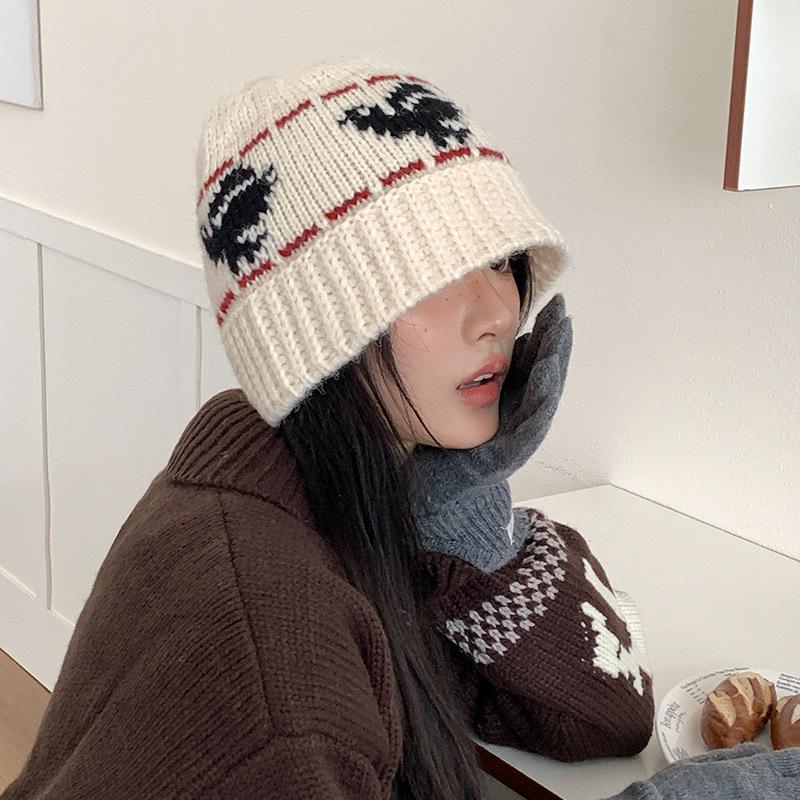 2025 autumn and winter new pigeon pattern jacquard knitted hat Korean warm retro wool bucket hat couple trend