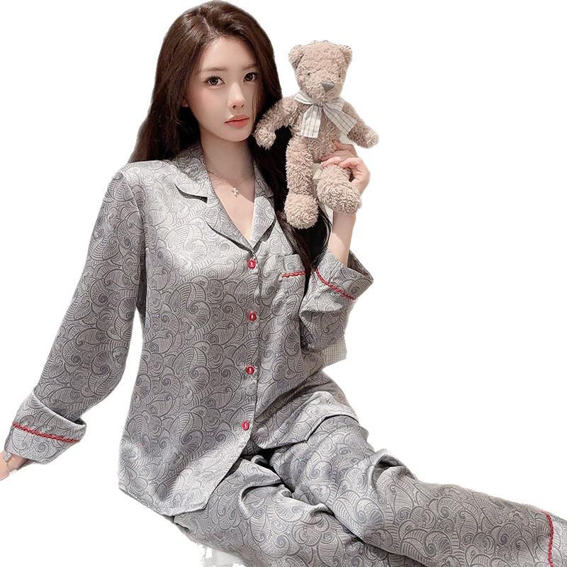 Luxury Ice Silk Pajamas for Women: Spring/Autumn Long Sleeve & Pants, Color Block Korean Style Homewear